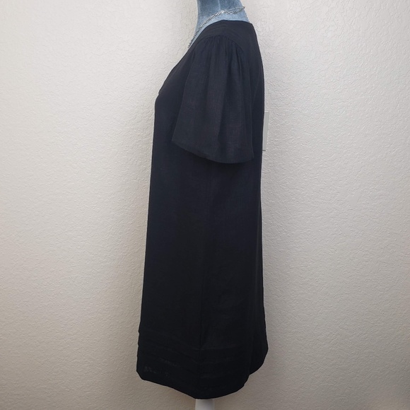 Nicole Miller Original Black V-Neck Short Flutter Sleeve Linen Blend Shift Dress - Picture 7 of 9